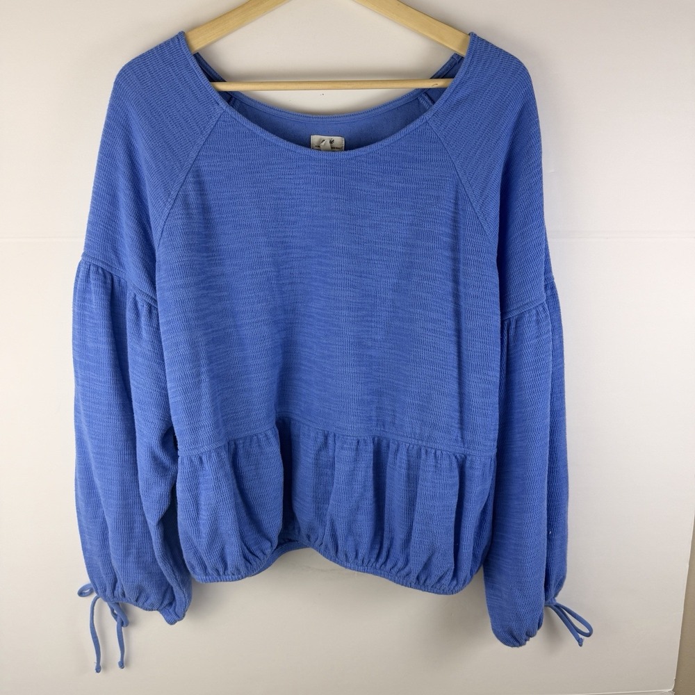 Aerie Blue Boho Peasant Blouse XL Cropped Smocked Balloon Sleeve